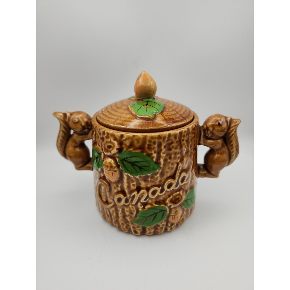 Vintage Canada Souvenir Squirrel Tree Stump Ceramic Sugar Bowl with Lid
